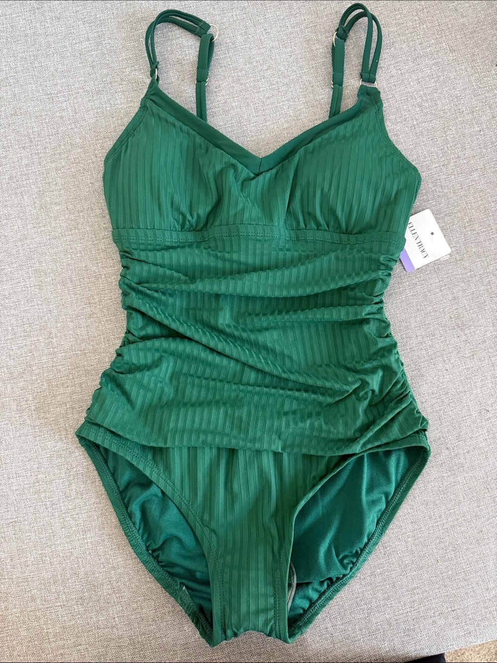 Ellen Tracy Emerald Green Ribbed One Piece Swimsuit Ruched Size XS
